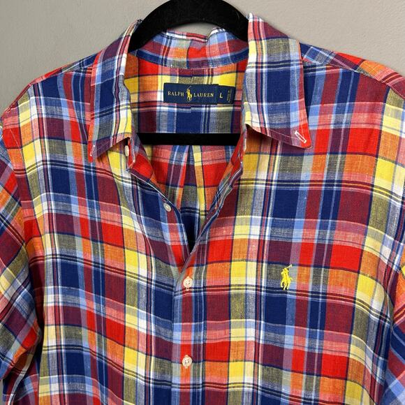 Ralph Lauren Short Sleeve Shirt Large Linen Madras Plaid Red preppy golf Chore - Picture 4 of 10